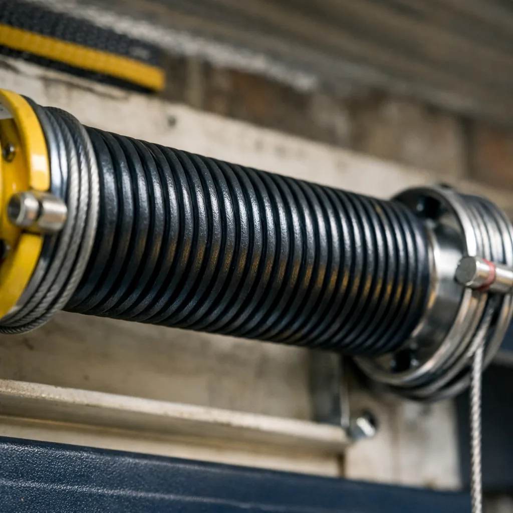 Close-up of a new torsion spring wound on its shaft over a garage door, with clean cable drums at each end
