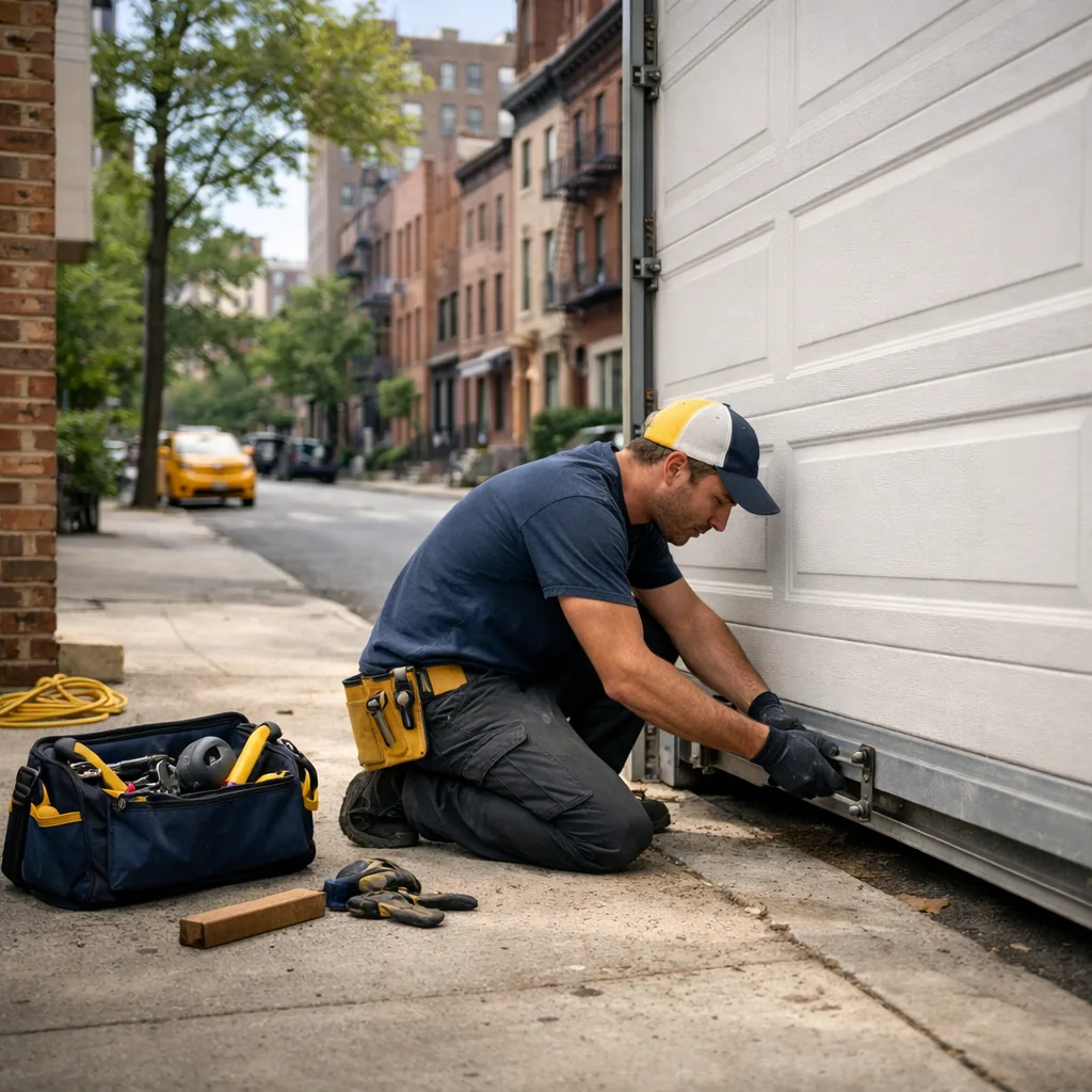 Wide shot of a technician in plain workwear kneeling at the base of a sectional garage door on a residential driveway in an urban neighborhood, inspecting the bottom roller and track in daylight