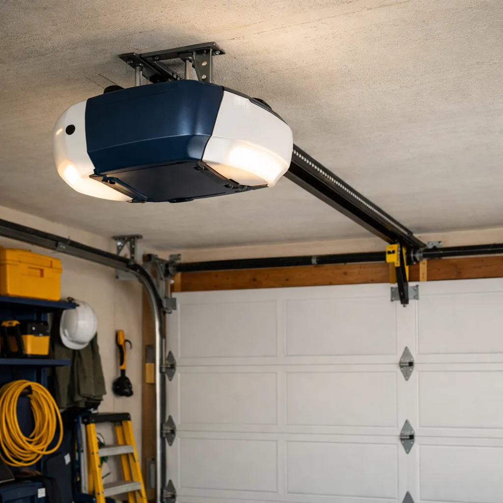 A newly installed garage door opener mounted on the ceiling with its rail running toward a closed door, interior of a tidy residential garage