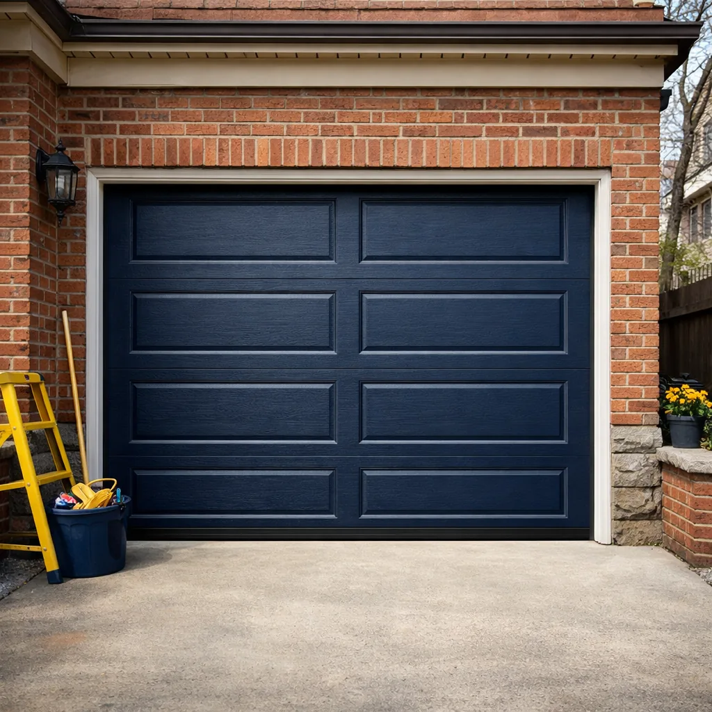 A repaired sectional garage door closed and level on a brick residential house, with an even gap along the bottom seal