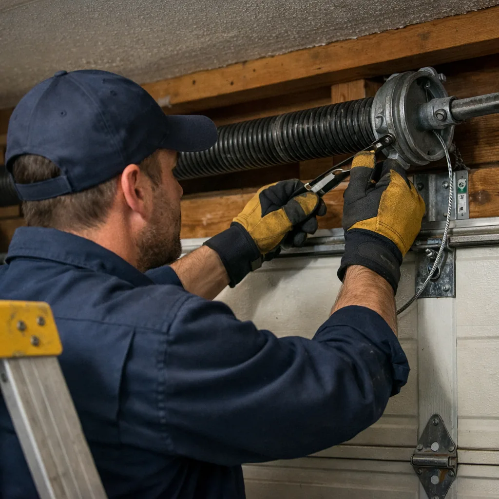 A technician in work gloves checking the torsion spring and cable drum over a closed residential garage door, seen from inside the garage, with a ladder nearby