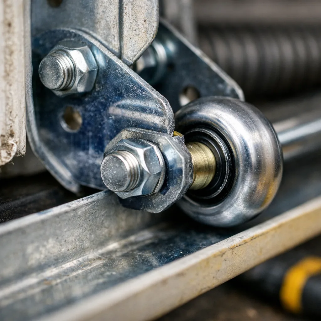 Close-up of a new steel roller seated in a clean track with the hinge bolted tight