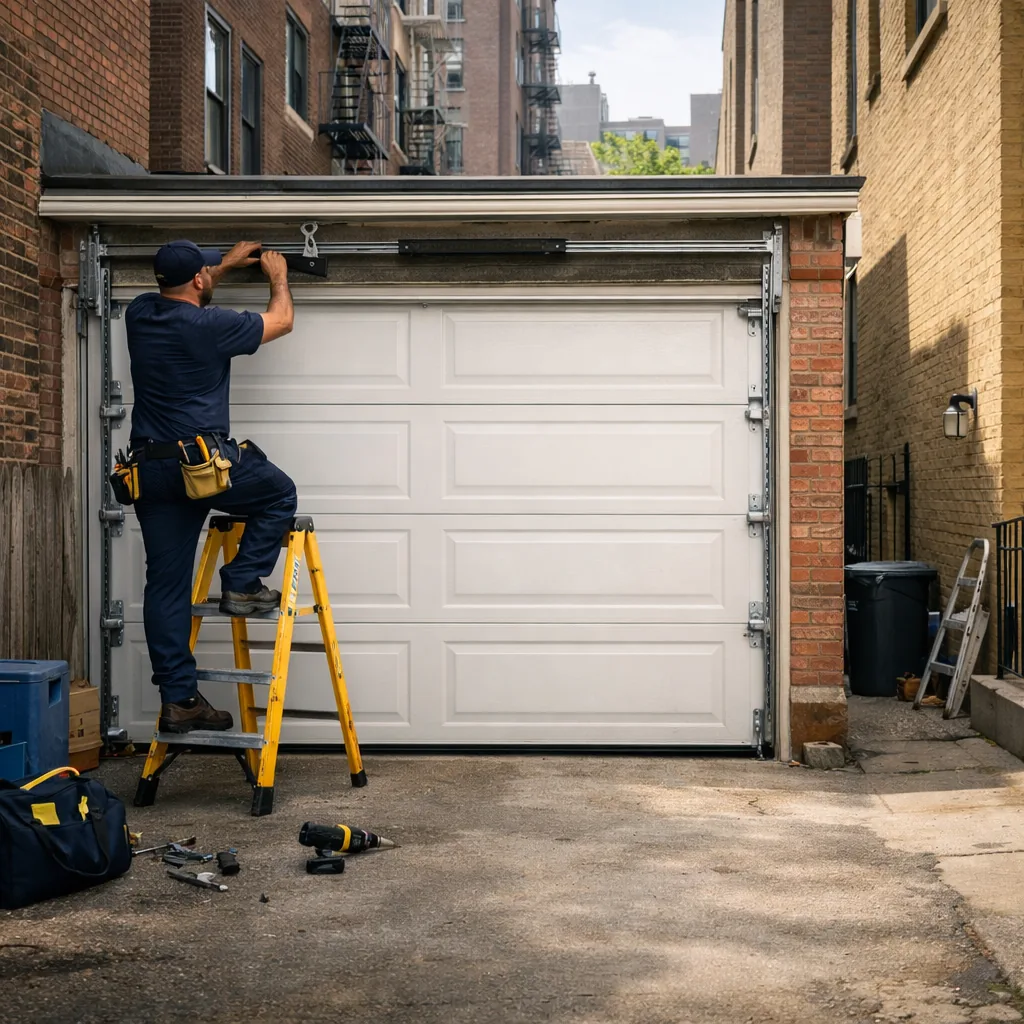 A technician in plain workwear on a short stepladder adjusting the track bracket on a closed sectional garage door at the back of a narrow residential driveway, daylight, no signs or lettering