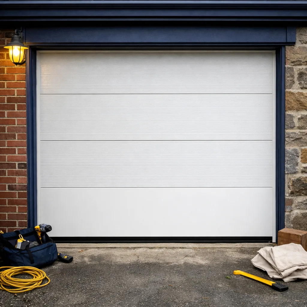 A garage door with a freshly replaced bottom panel, closed, panels aligned so the horizontal seams run straight across, on a residential garage
