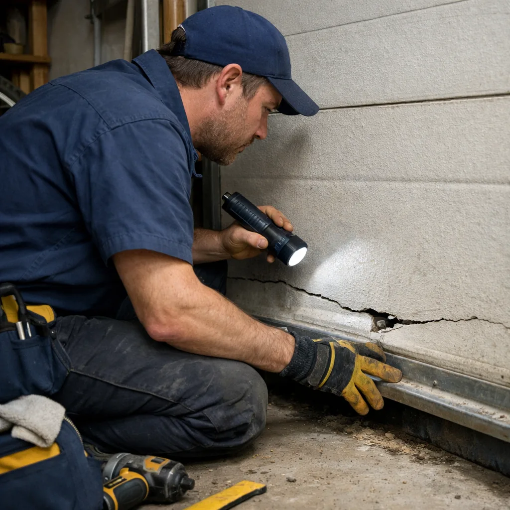 A technician crouched inside a residential garage inspecting a cracked bottom panel of a closed garage door, hand resting on the track beside it