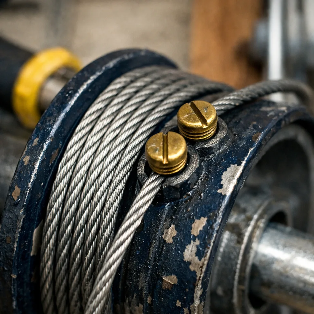 Close-up of a cable properly seated on a drum with the set screws tight, inside a residential garage.