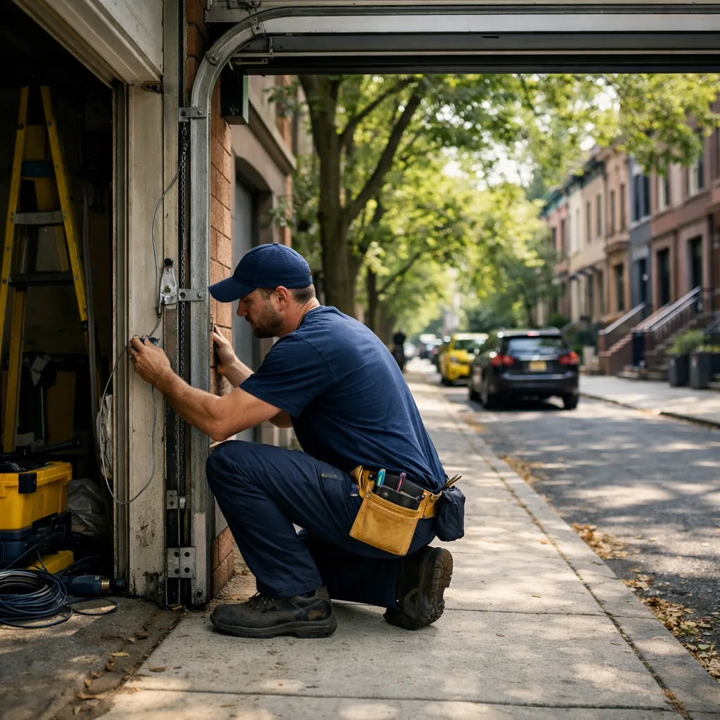 A technician in plain workwear standing at an open residential garage doorway on a quiet tree-lined street, checking the cable and bottom bracket on the door's left side. Daylight, no signage.