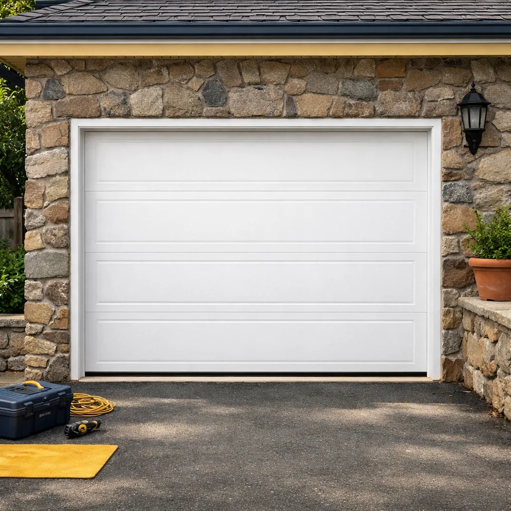 A closed white residential garage door on a stone-faced house with a level bottom edge, daylight.