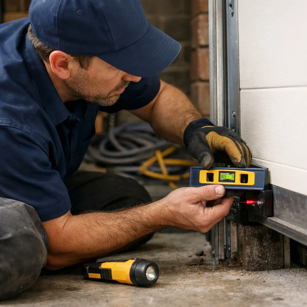A technician testing the safety sensor beam near the floor beside a garage door with a small level.