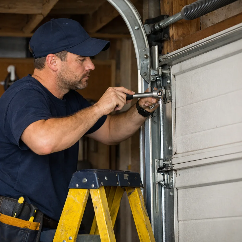A technician on a ladder inside a residential garage loosening the bracket on a vertical track while a closed sectional door stands beside him.