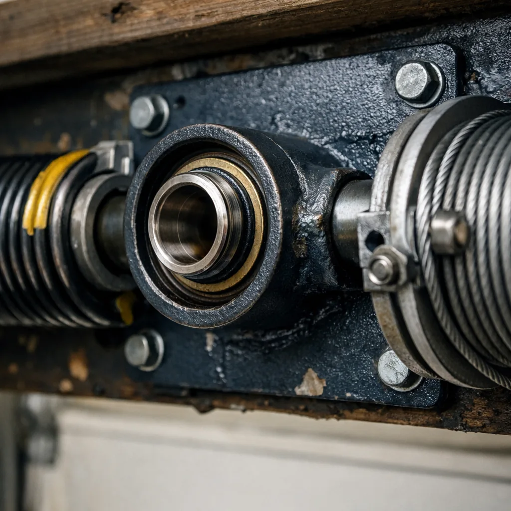 Close-up of a set of new torsion springs, cable drums and a center bearing plate on a garage door header