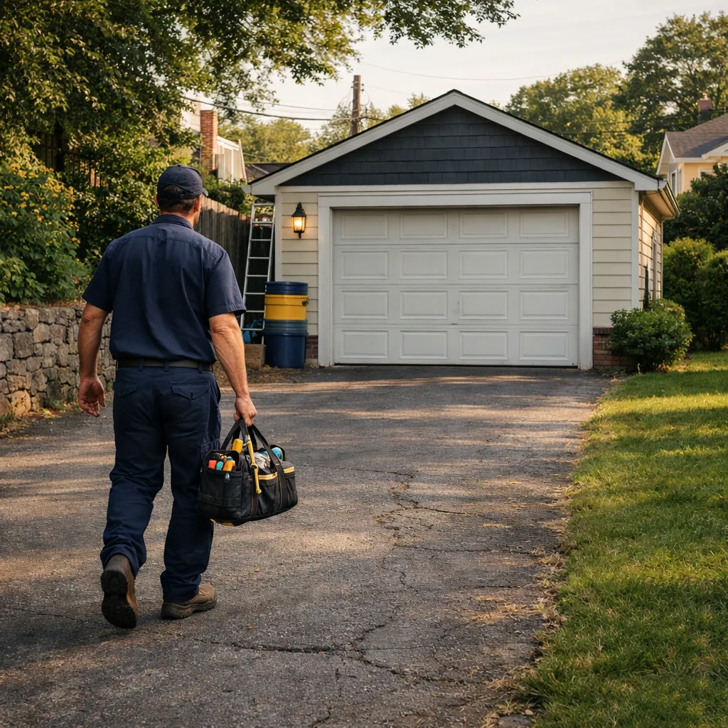 A technician in plain workwear walking up a long suburban driveway toward a detached single-car garage with a closed sectional door, carrying a toolbag, daylight
