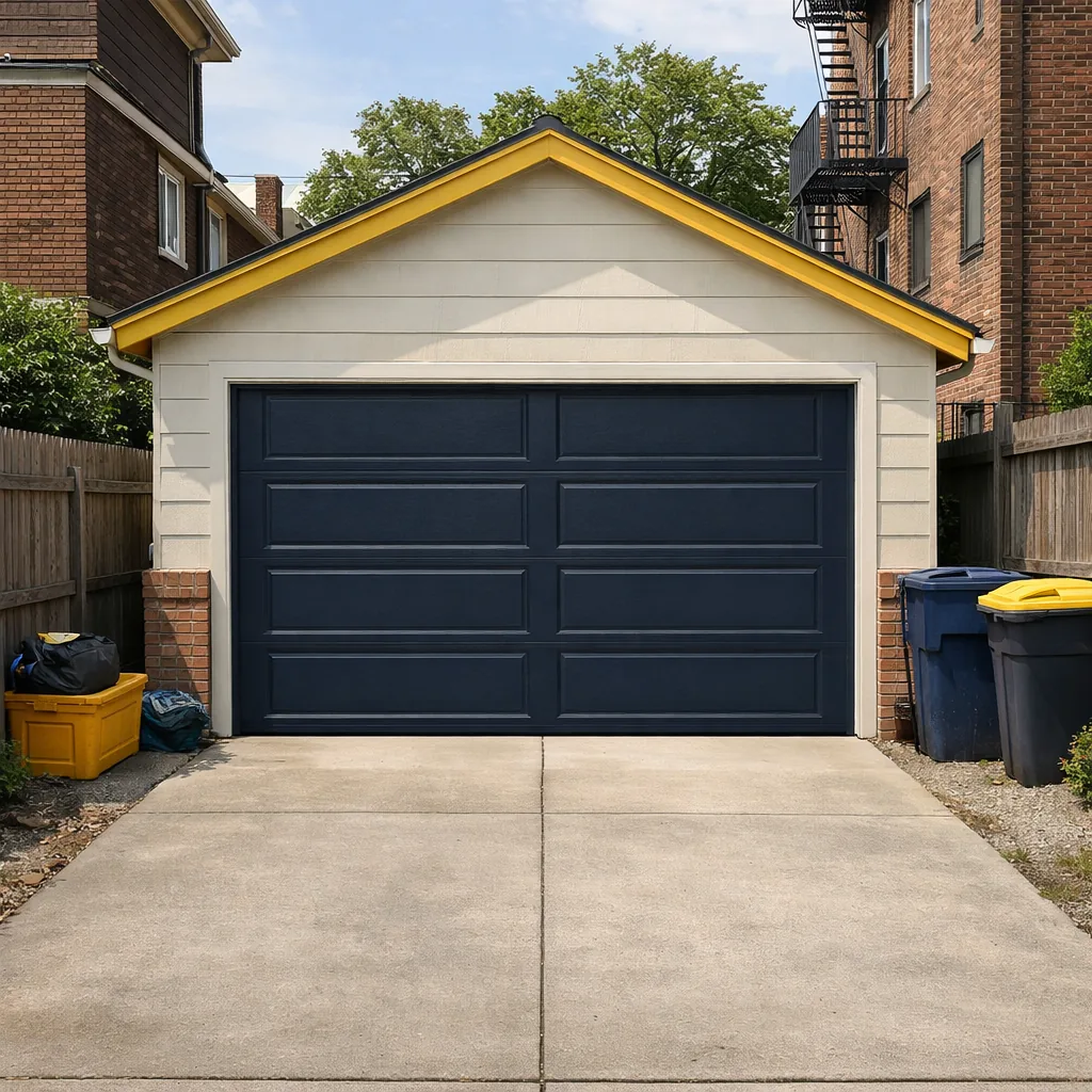 A new insulated steel garage door installed on a detached garage with a deep driveway in front, closed, daylight