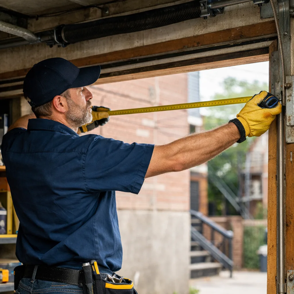 A technician measuring the width of a garage door opening with a tape measure, inside a residential garage
