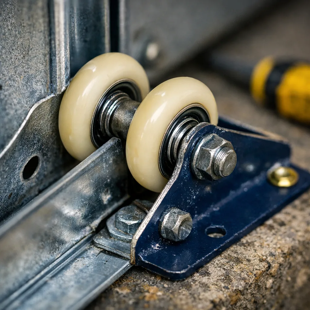 Close-up of a pair of new rollers and a hinge in a straight steel track