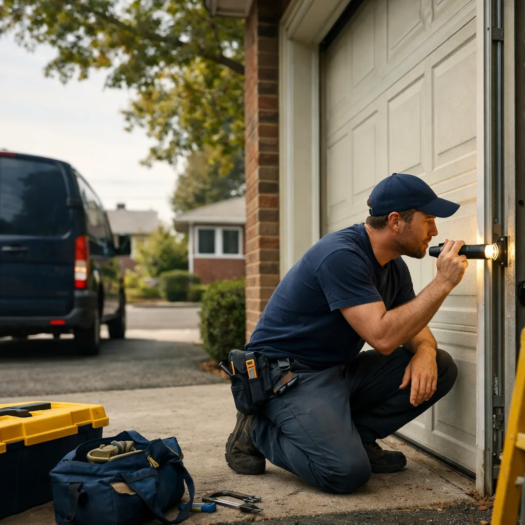 A technician in plain workwear kneeling beside a closed residential garage door, holding a flashlight to a roller in the vertical track, suburban driveway in daylight, nothing written on clothing or vehicle