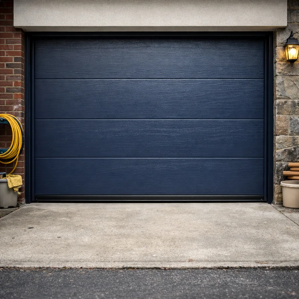 A closed garage door with a clean bottom seal flush against a concrete threshold, on a residential garage with a short driveway