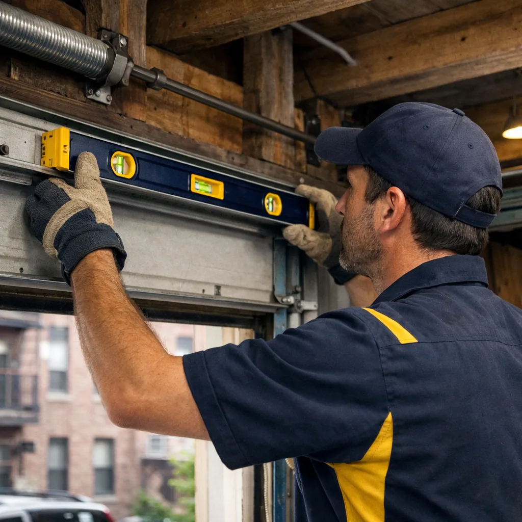 A technician with a level checking that a horizontal track is parallel to the opposite track over a residential garage door, interior view