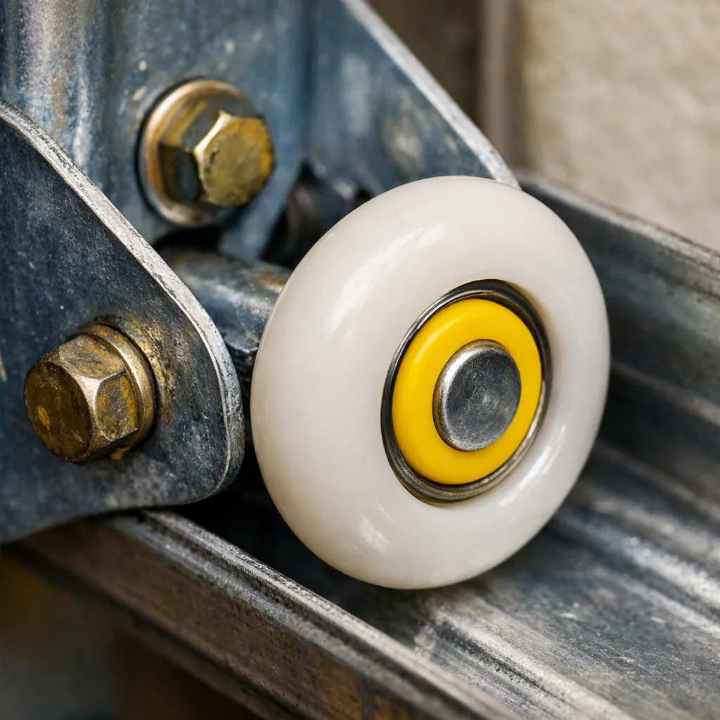 Close-up of a new sealed nylon roller sitting in a garage door hinge inside a clean steel track