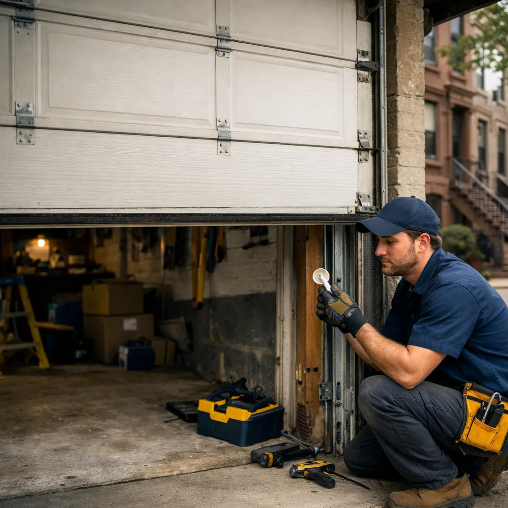 A garage door partly raised on its tracks in a New York home, with a technician crouched beside the track holding a new roller