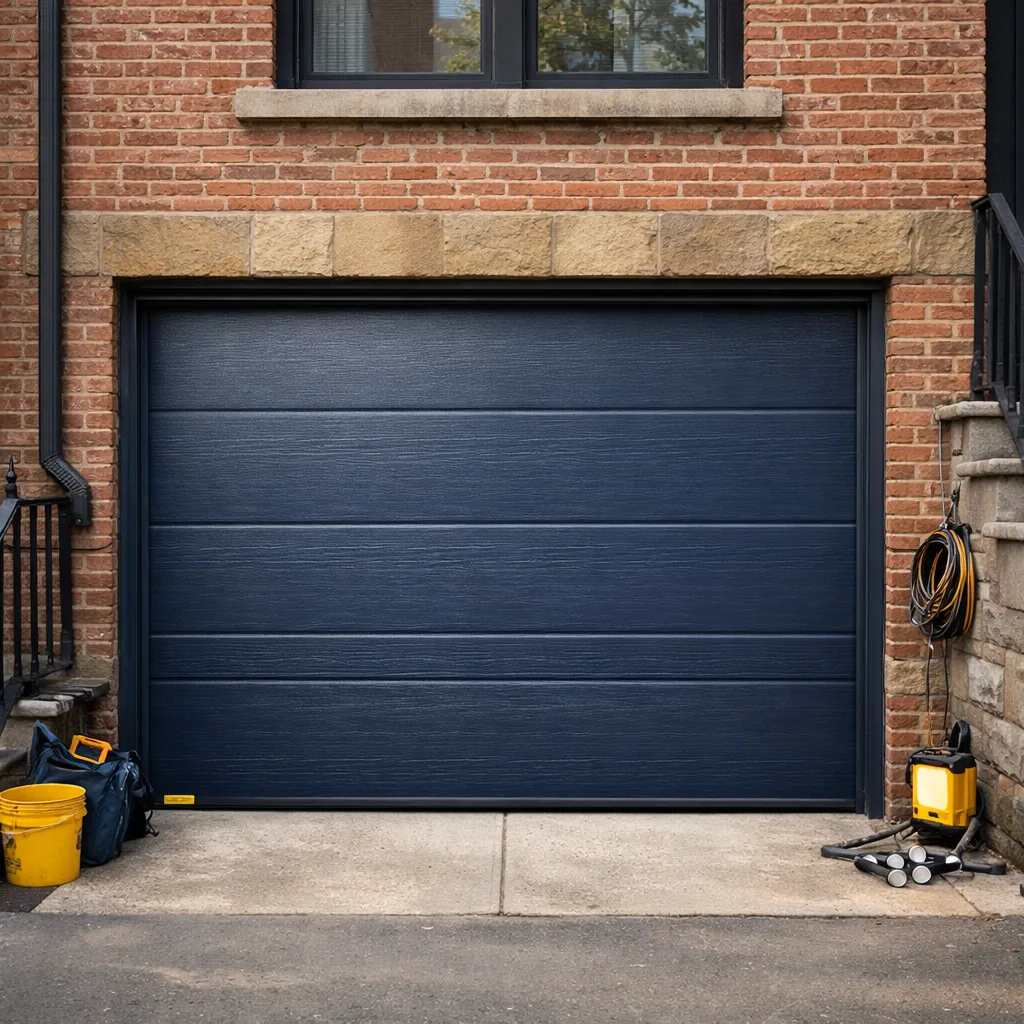 A closed, evenly seated sectional garage door on a New York brick house after roller replacement