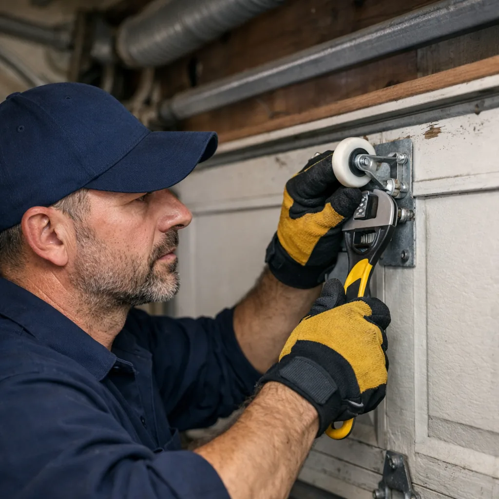 A technician fitting a replacement roller to the top panel of a residential garage door