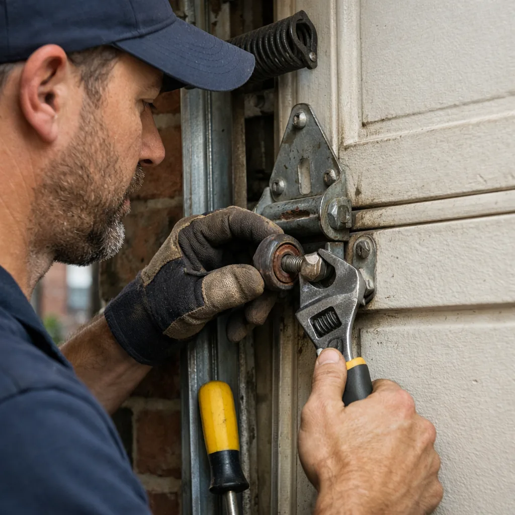 A technician in plain workwear removing a worn steel roller from a hinge on a residential garage door panel