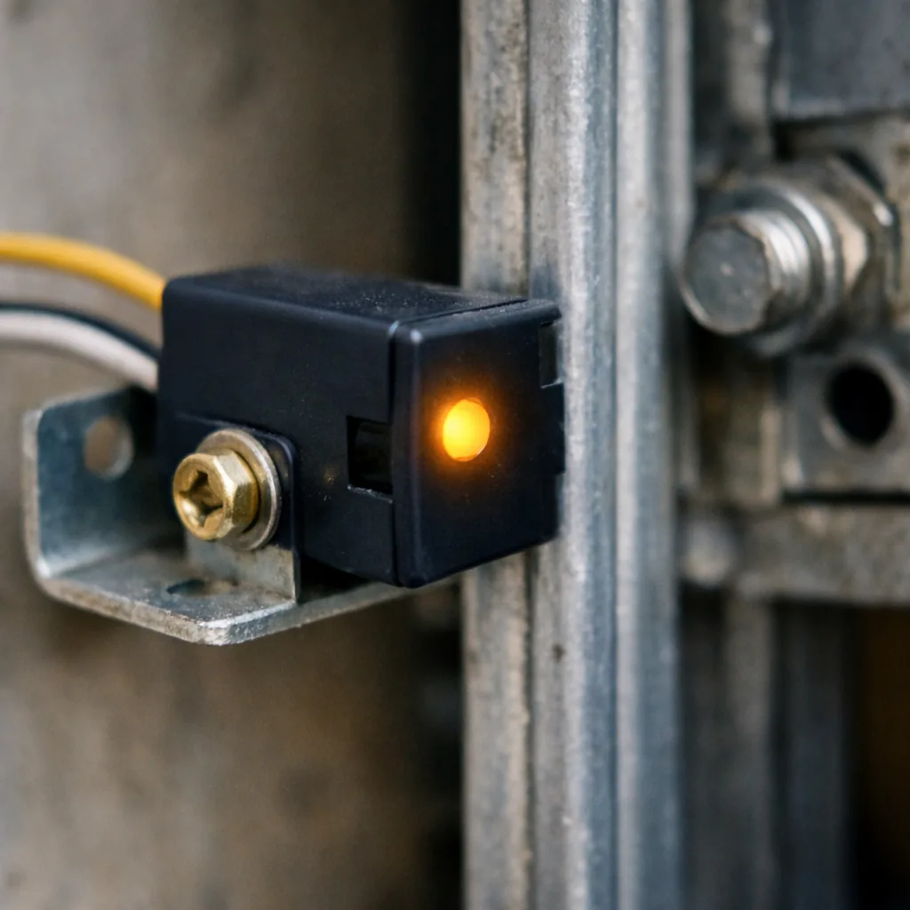 Close-up of a safety sensor with a glowing indicator light on a bracket beside a garage door track.