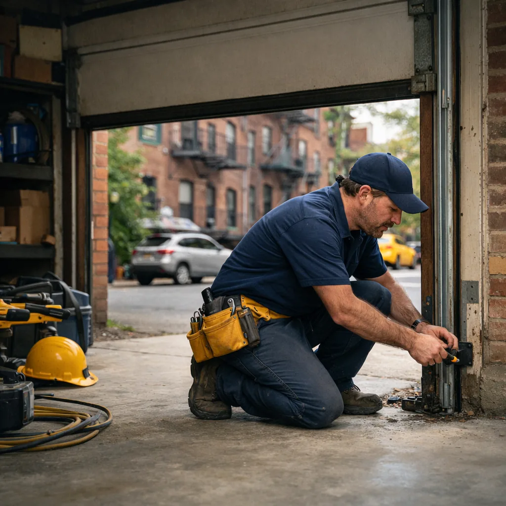 A technician crouched at the side of an open residential garage door, adjusting a small safety sensor bracket mounted low on the track.
