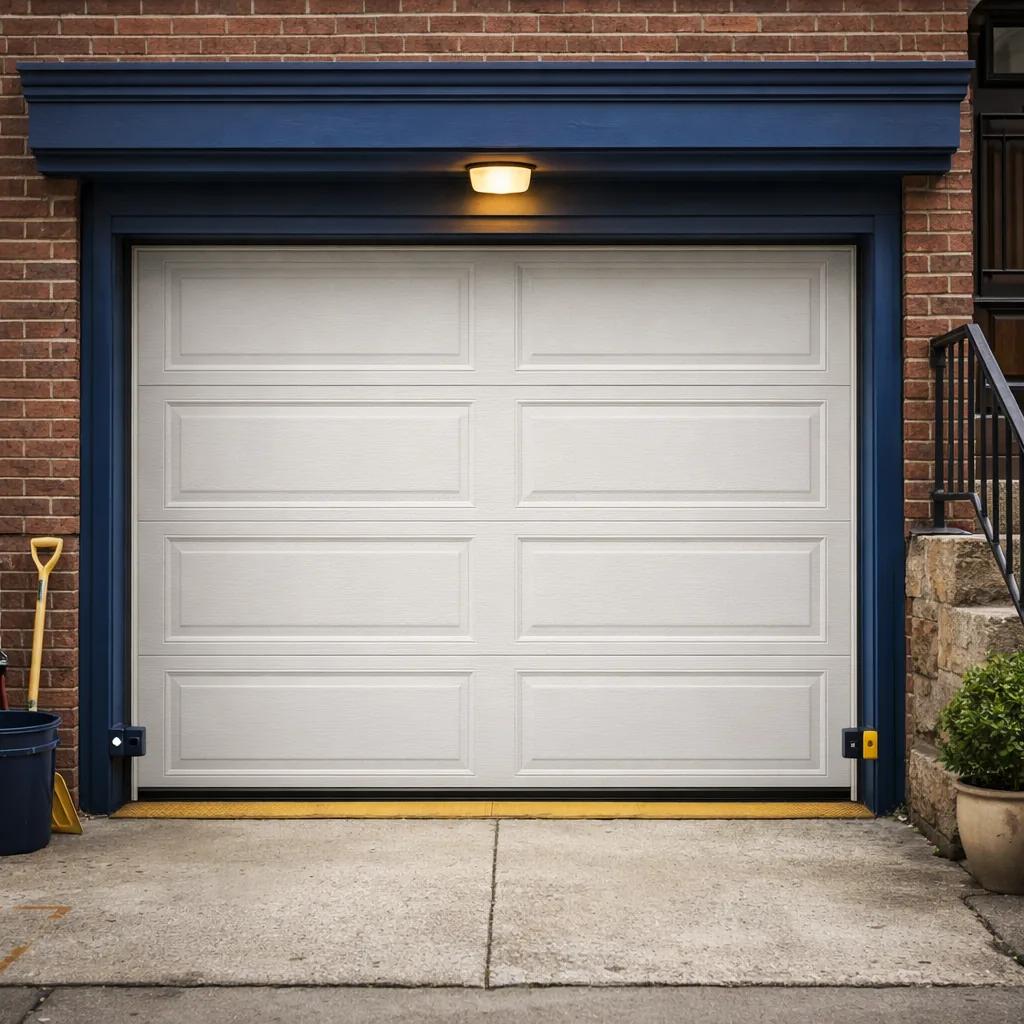 A closed residential garage door on a New York home with both sensors mounted neatly low on the frame.