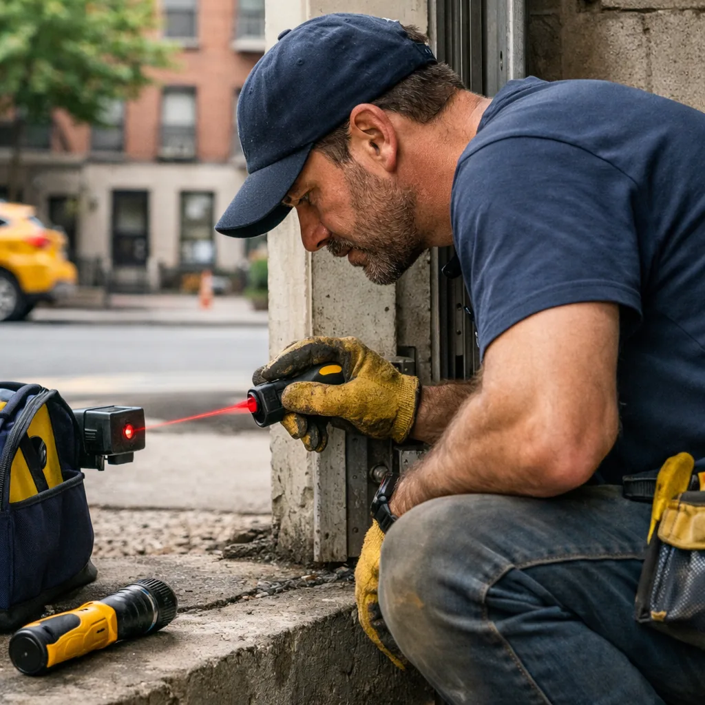 A technician testing the sensor beam across a garage door opening with a small tool.