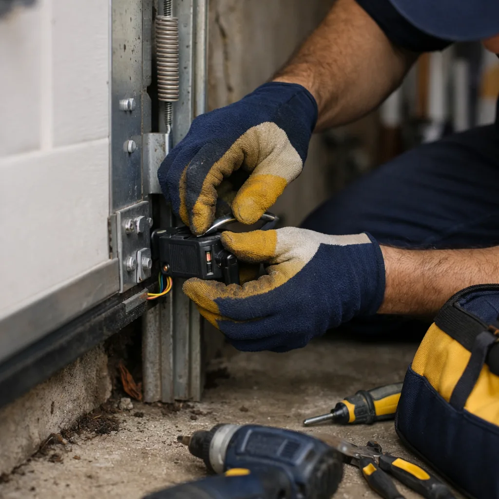 Close view of a technician's gloved hands adjusting a small safety sensor on its bracket low beside a garage door track, residential garage, no text on devices.