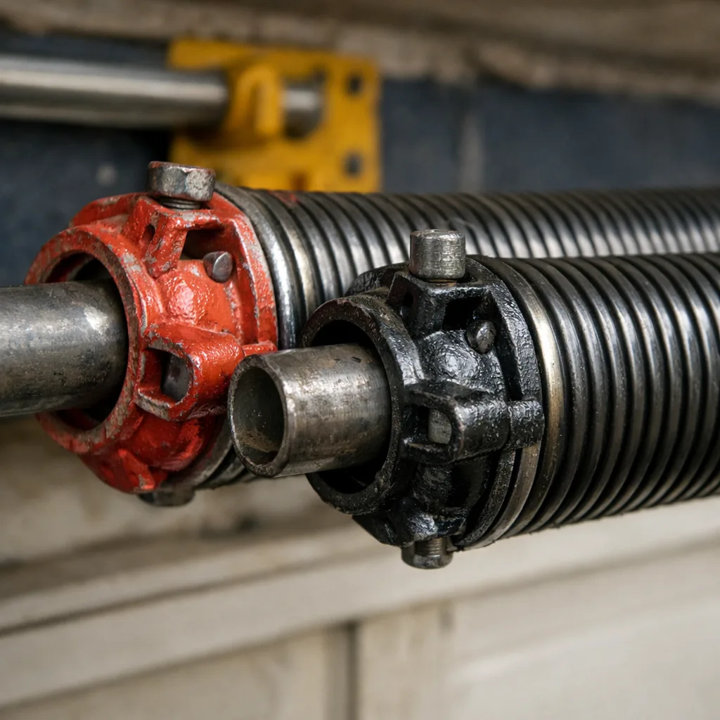 Close-up of two new torsion springs on a shaft with red and black winding cones, over a garage door