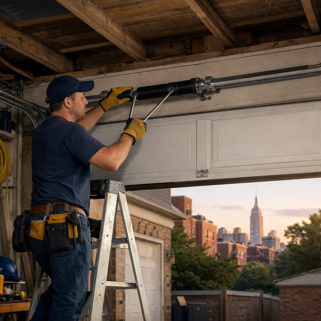 A technician on a ladder winding a new torsion spring over a residential garage door, with winding bars in the cones