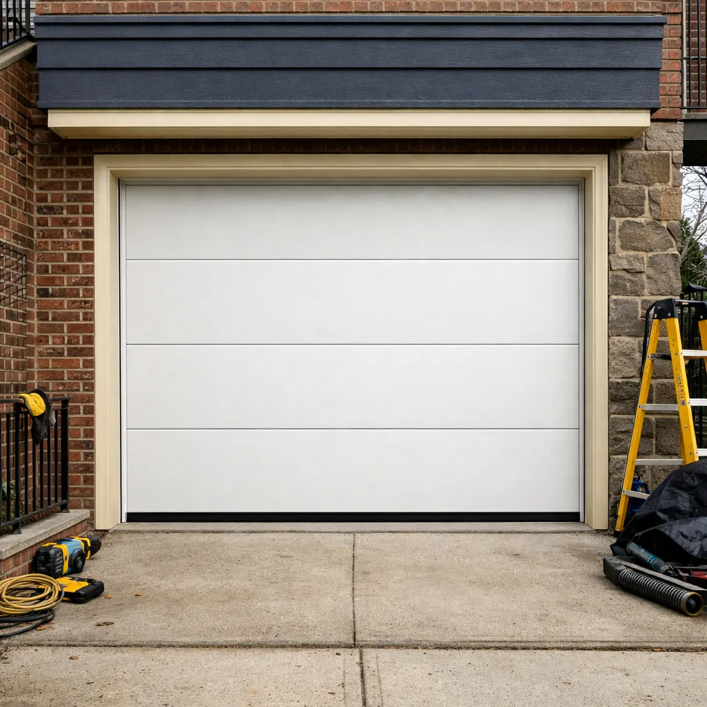 A fully lowered residential garage door at a New York home, level and square after spring replacement