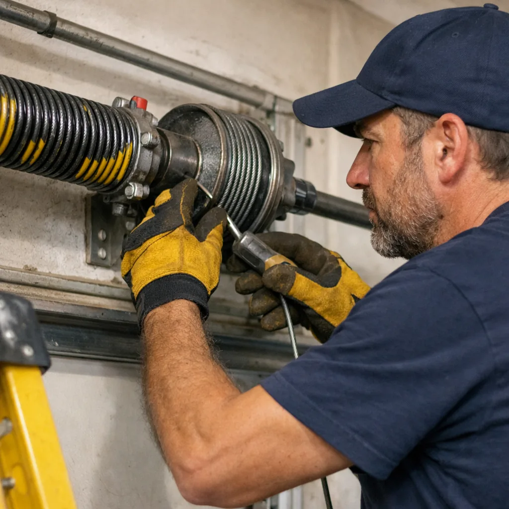 A technician checking a lift cable on its drum next to a freshly installed spring
