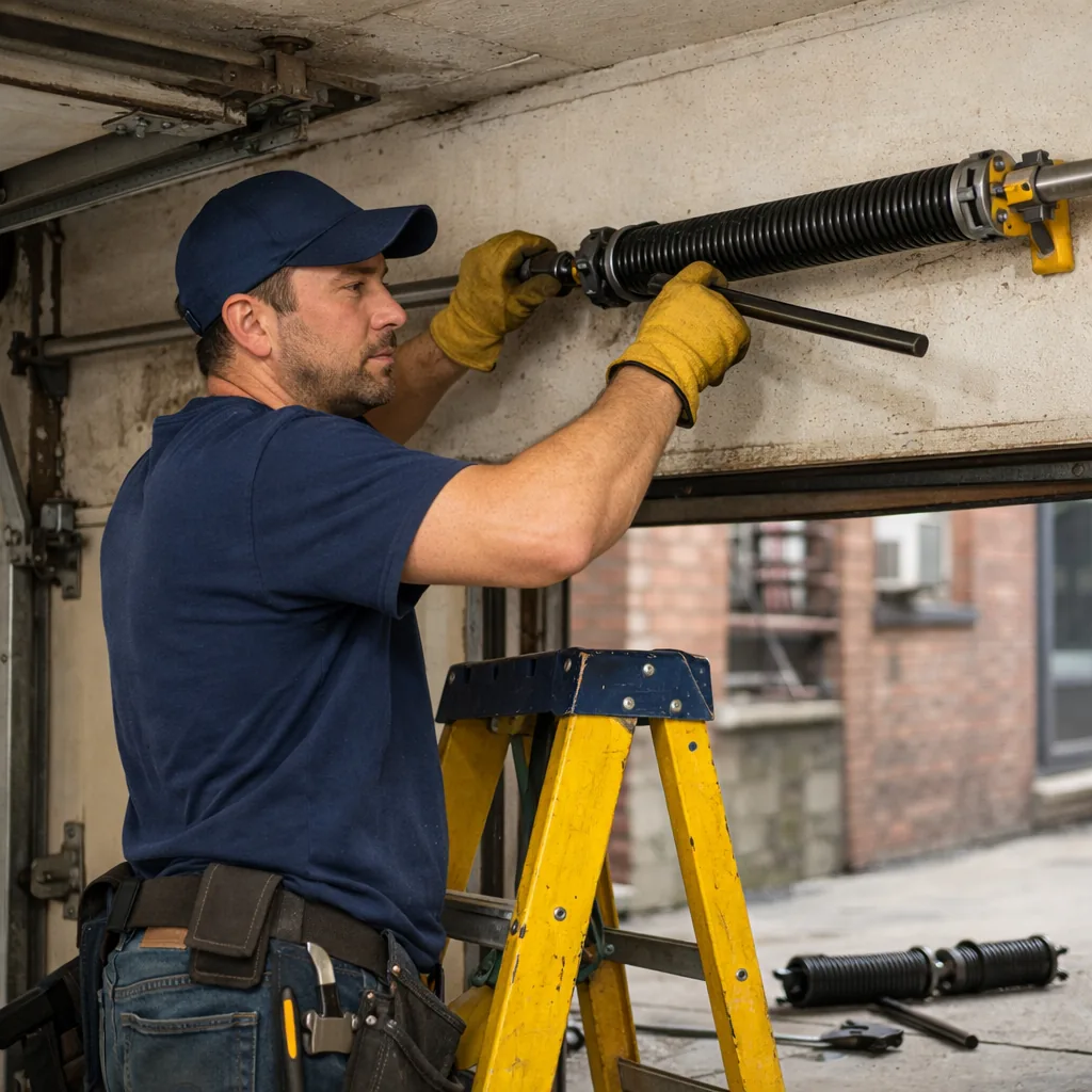 A technician in plain workwear fitting a new torsion spring to a shaft over a garage door, with the old broken spring on the floor beside the ladder