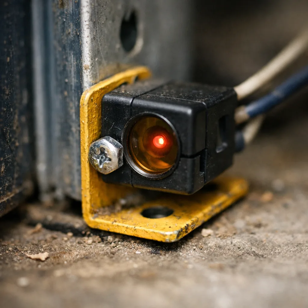Close-up of a safety sensor and its bracket at the base of a garage door track
