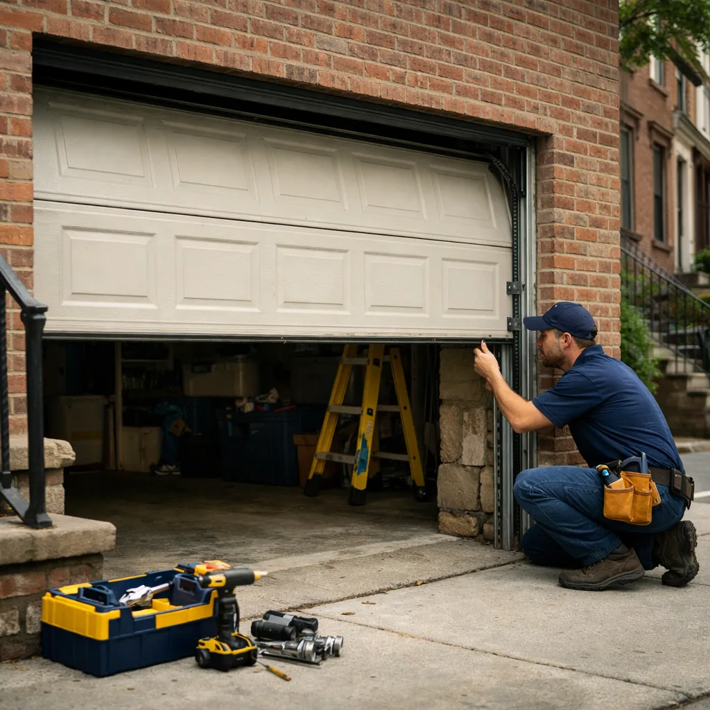 A residential garage door stopped partway down at a New York house, with a technician beside it inspecting the track