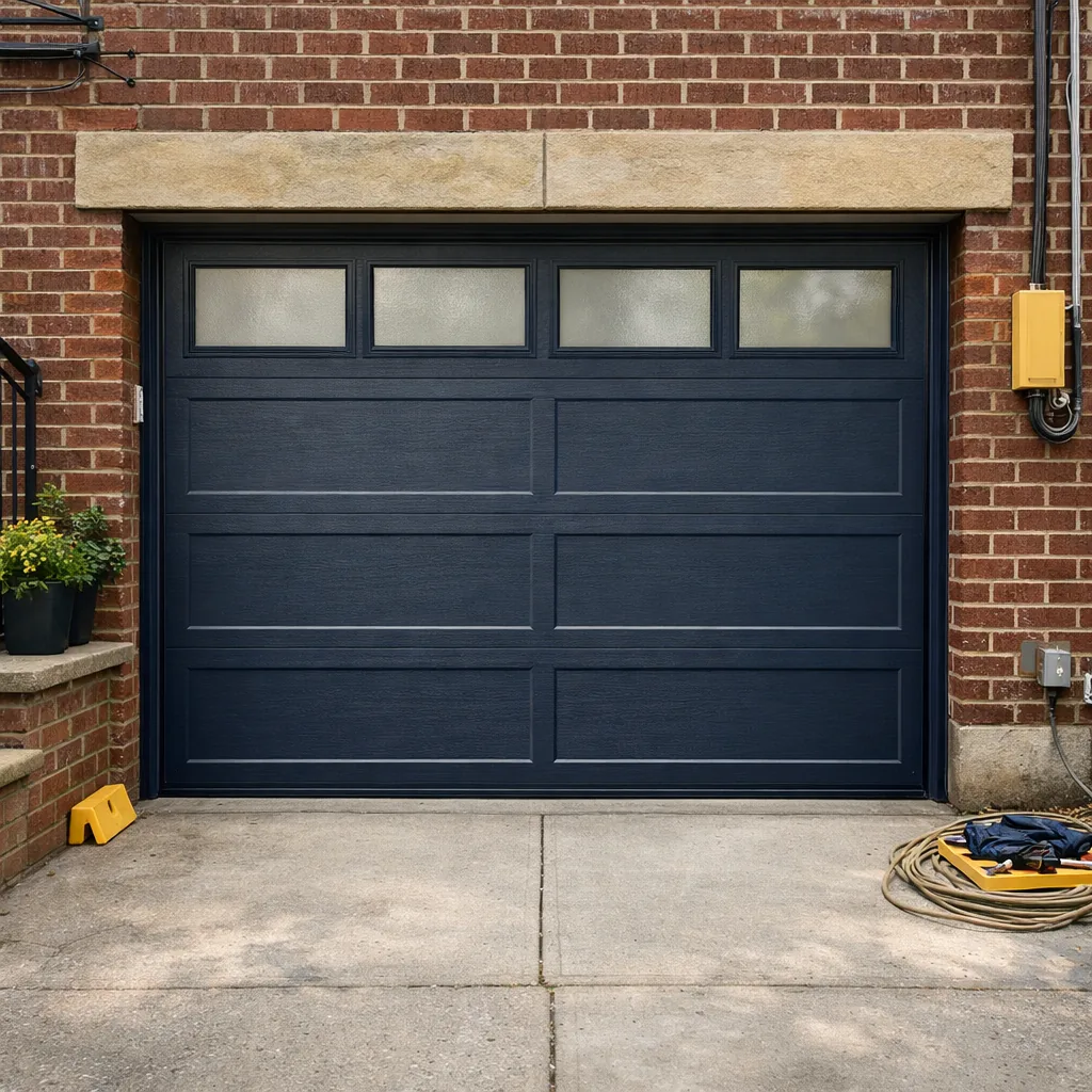 A residential garage door fully closed and seated evenly on the floor of a New York home after repair