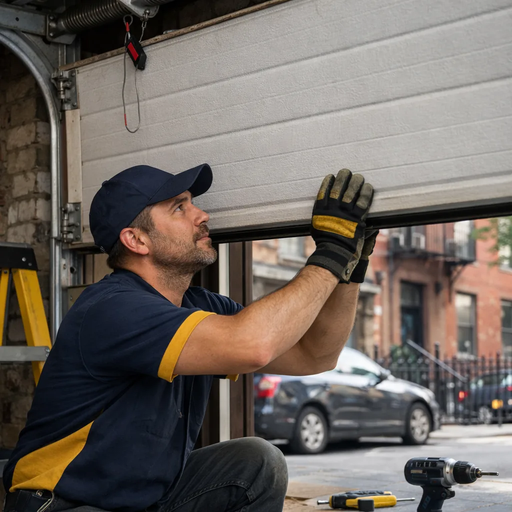 A technician testing the balance of a garage door by hand with the opener disconnected