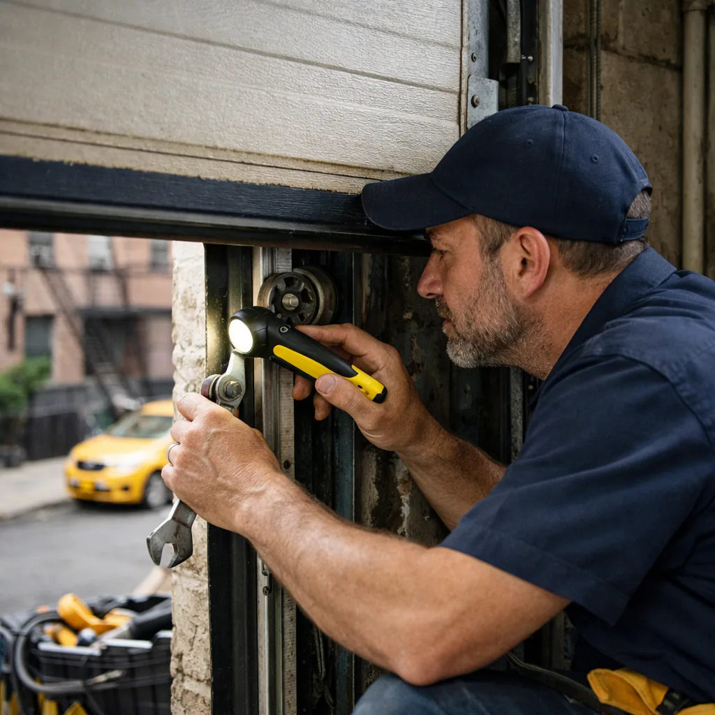 A technician checking a garage door track for obstruction and alignment while the door sits partly closed